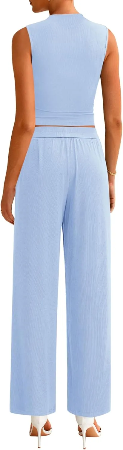 PRETTYGARDEN 2 Piece Sets for Women Summer 2025 Airport Travel Outfits Crop Tank Tops Wide Leg Pants Matching Lounge Sets