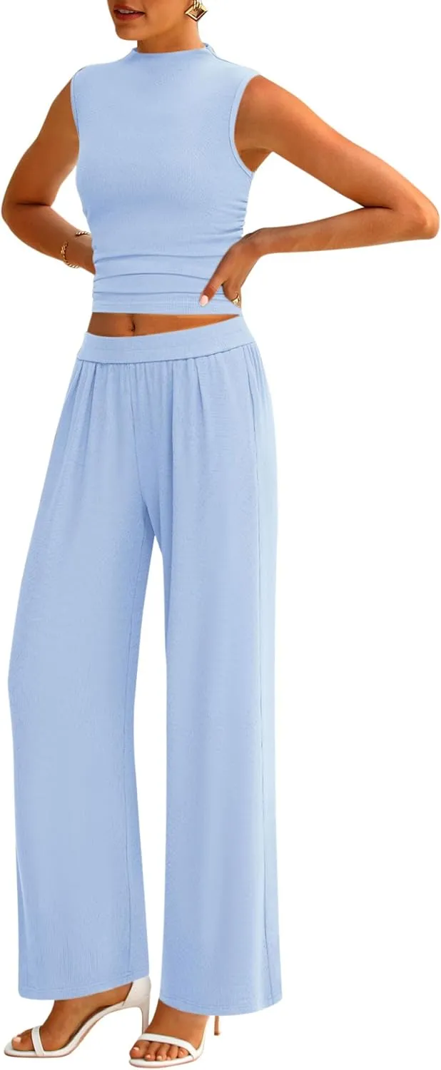 PRETTYGARDEN 2 Piece Sets for Women Summer 2025 Airport Travel Outfits Crop Tank Tops Wide Leg Pants Matching Lounge Sets