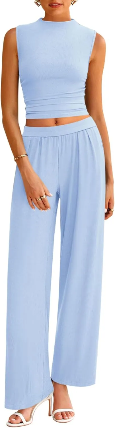 PRETTYGARDEN 2 Piece Sets for Women Summer 2025 Airport Travel Outfits Crop Tank Tops Wide Leg Pants Matching Lounge Sets