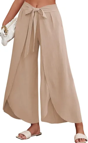 ReachMe Womens Casual Palazzo High Waisted Flowy Wide Leg Pants Bowtie Front Split Wrap Pants Trousers