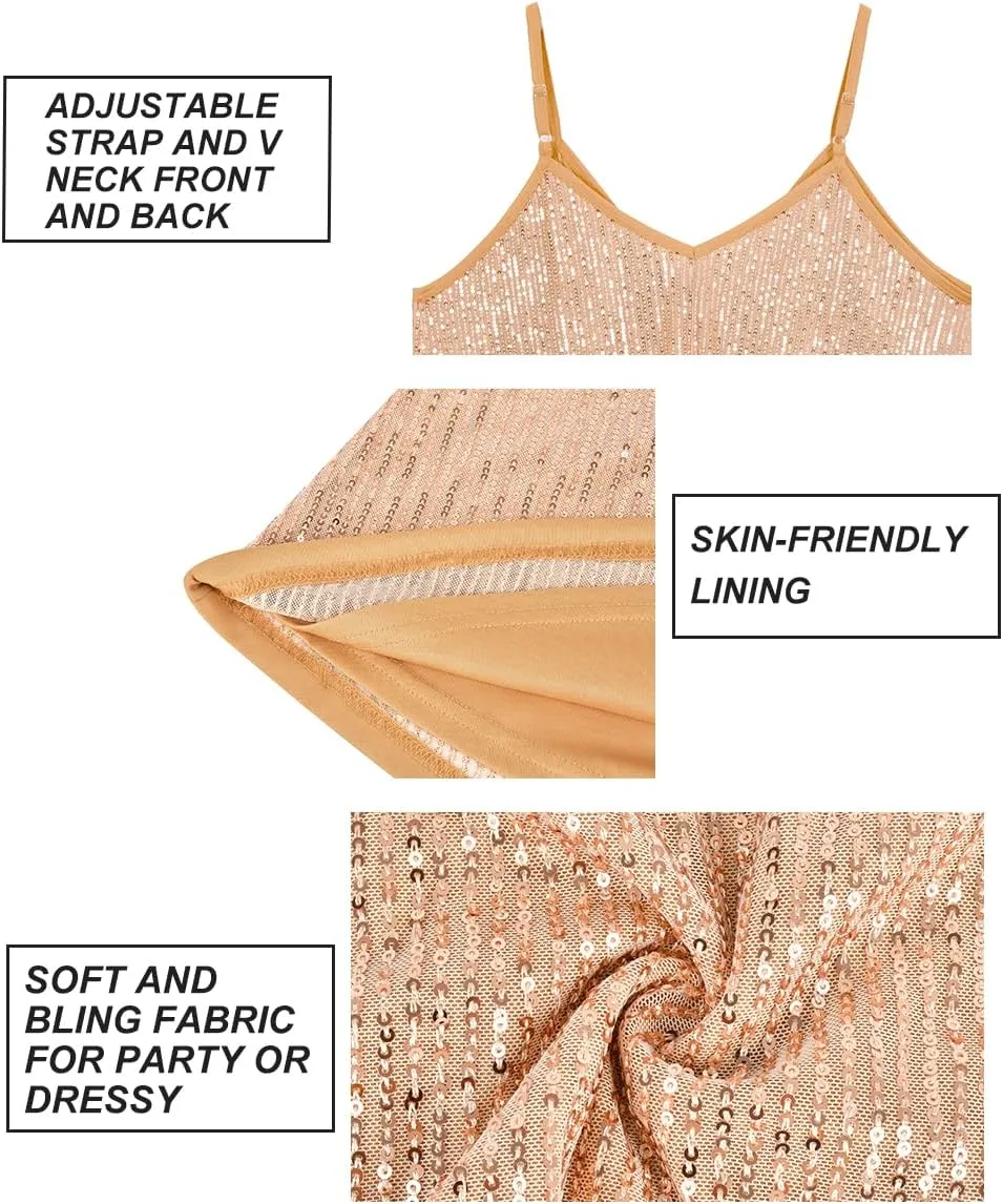 RITERA Plus Size Sequin Tank for Women V Neck Shimmer Sleeveless Tops Glitter Party Spaghetti Sparkle Camisole XL-5XL