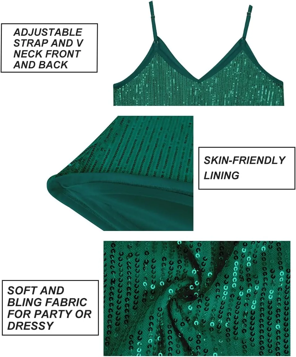RITERA Plus Size Sequin Tank for Women V Neck Shimmer Sleeveless Tops Glitter Party Spaghetti Sparkle Camisole XL-5XL