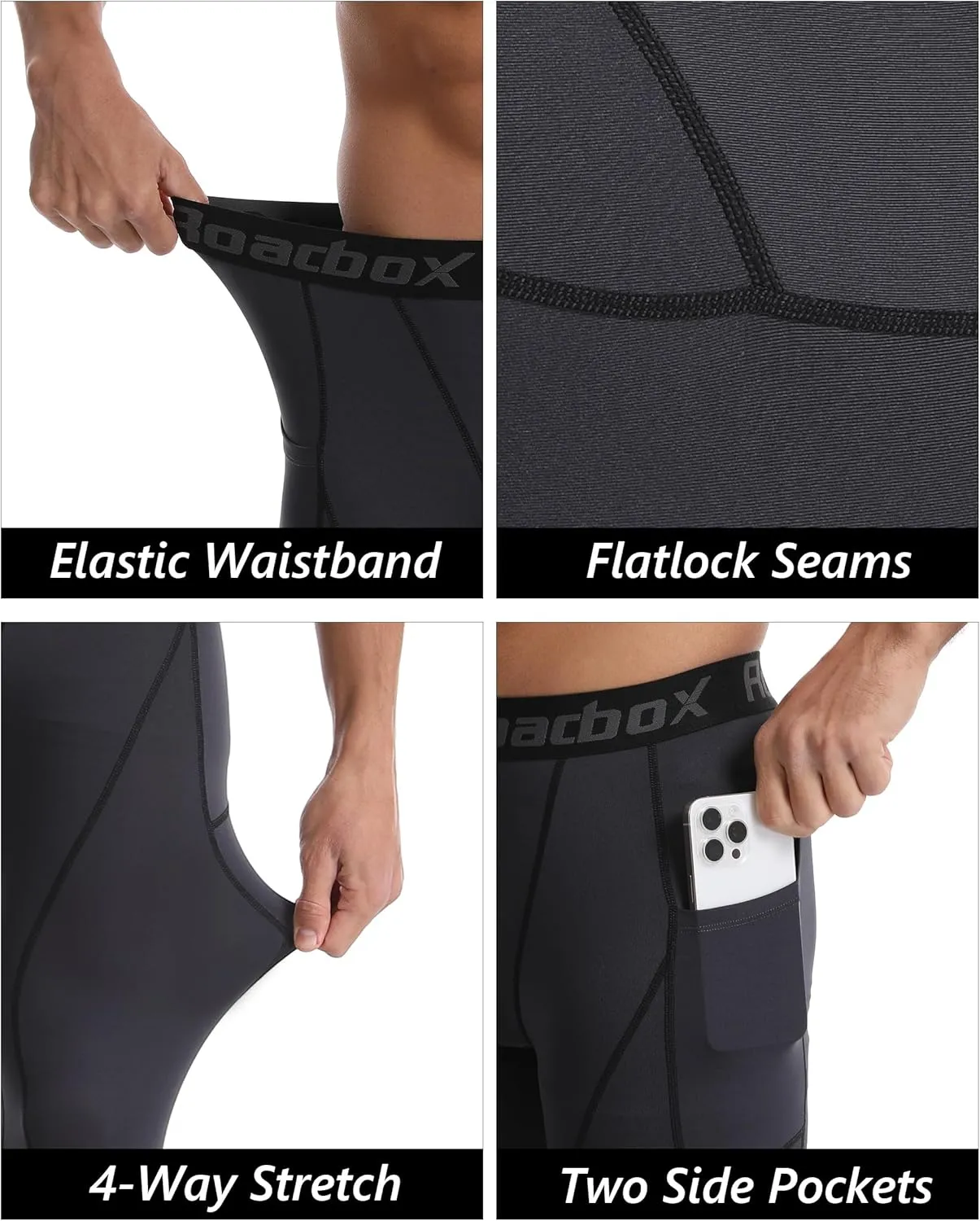 Roadbox 1 or 2 Pack Compression Pants Men, Running Workout Leggings with Pockets, Gym Basketball Athletic Tights Base Layer