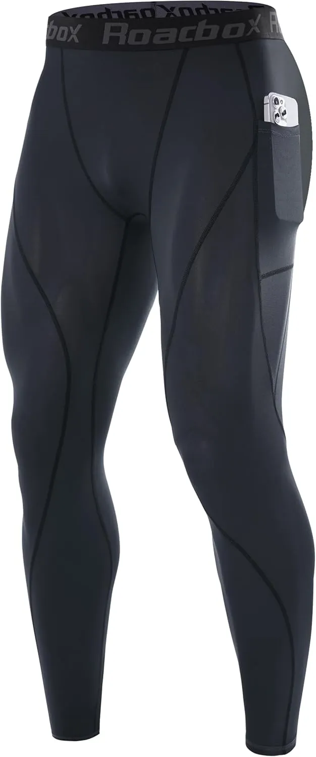 Roadbox 1 or 2 Pack Compression Pants Men, Running Workout Leggings with Pockets, Gym Basketball Athletic Tights Base Layer
