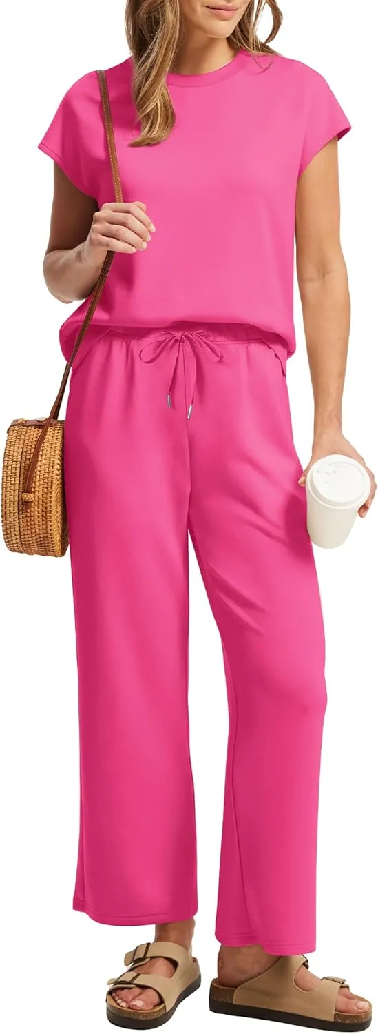 SAMPEEL Two Piece Sets for Women Summer Vacation Outfits Cap Sleeve Tops Lounge Matching Sets Clothing Beach Fashion Clothes