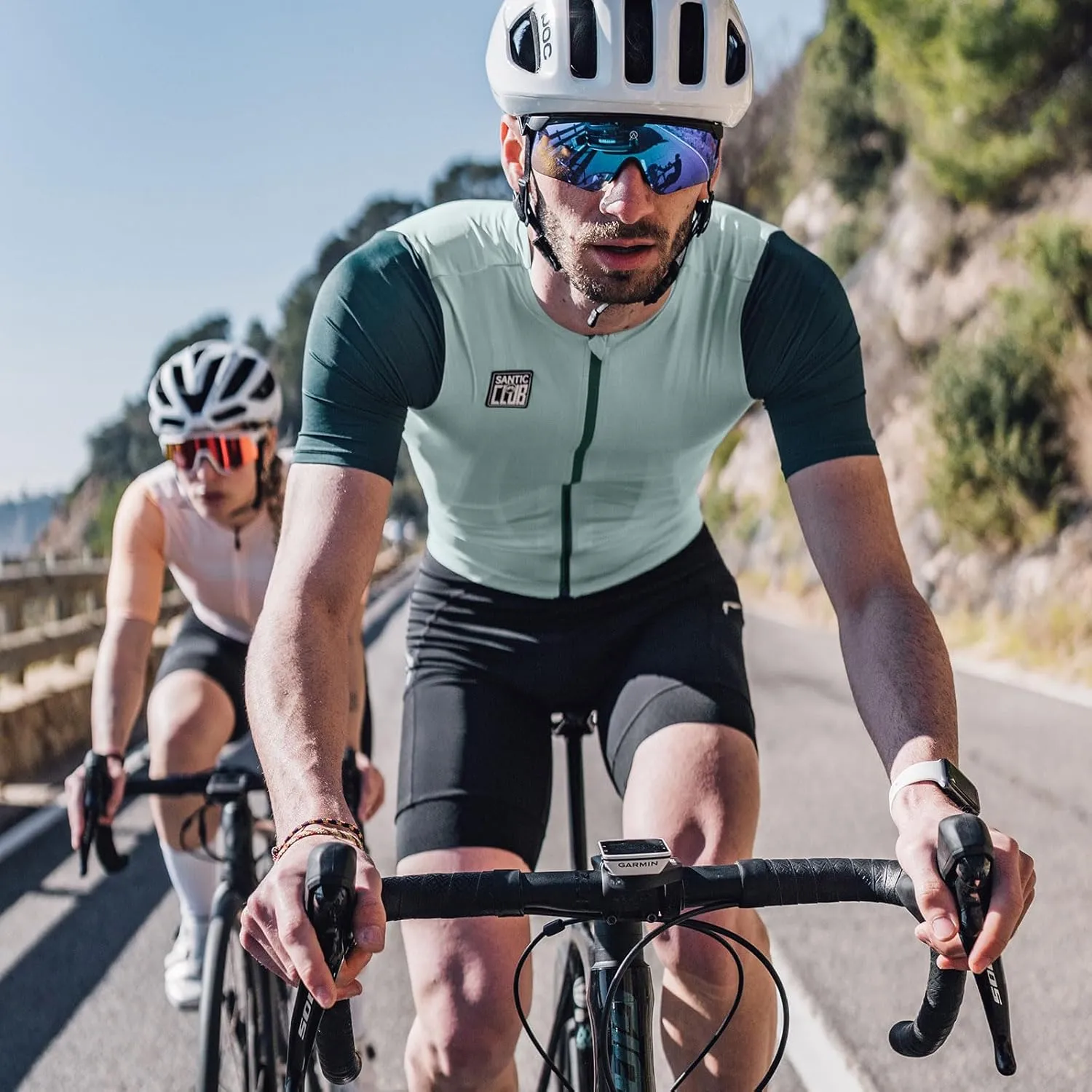 Santic Men's Cycling Jersey Short Sleeve Tops Pro Road Bike Shirt Full Zipper UPF 50  Bicycle Jersey with Pockets