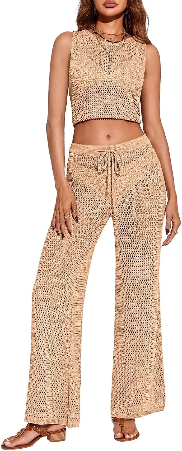 Saodimallsu Womens 2 Piece Crochet Swimsuit Cover Up Sleeveless Crop Top Drawstring Long Pants Set Beach Outfits