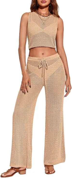 Saodimallsu Womens 2 Piece Crochet Swimsuit Cover Up Sleeveless Crop Top Drawstring Long Pants Set Beach Outfits