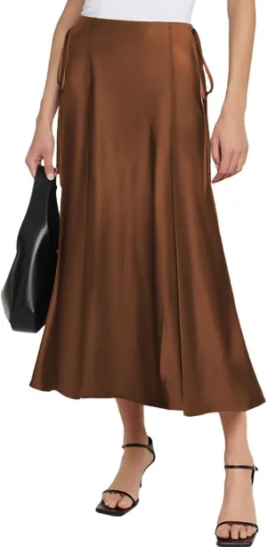 SEBOWEL Women Satin Maxi Long Skirt Silk Side Tie A Line Swing Midi Skirt Silky Flowy Ruffle Pleated Cocktail Party Skirts