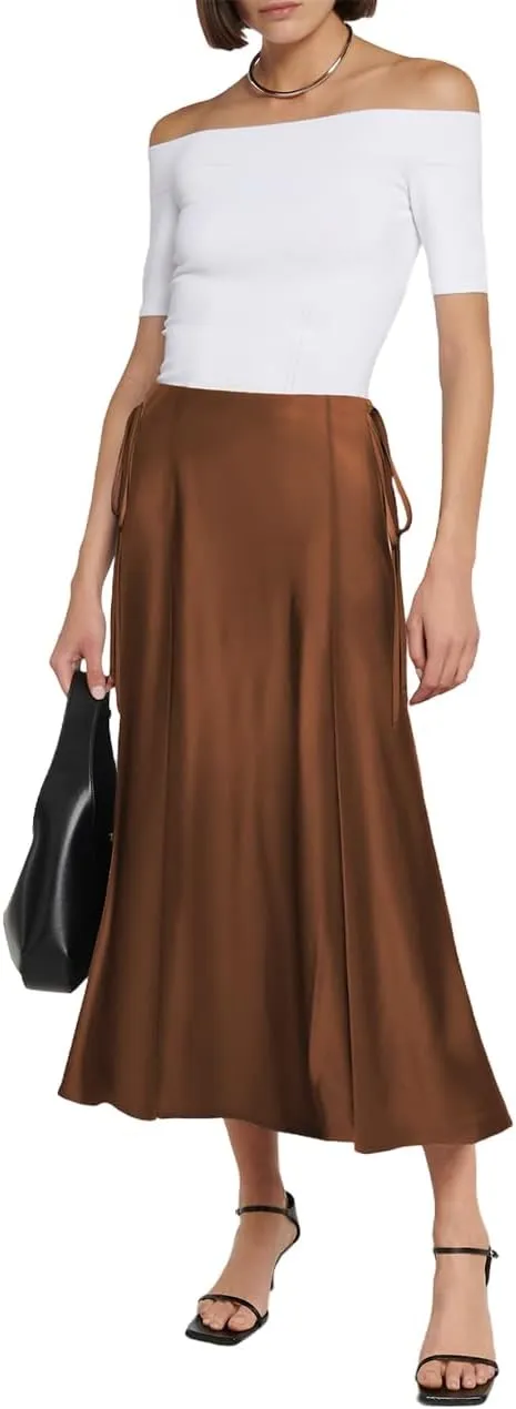 SEBOWEL Women Satin Maxi Long Skirt Silk Side Tie A Line Swing Midi Skirt Silky Flowy Ruffle Pleated Cocktail Party Skirts