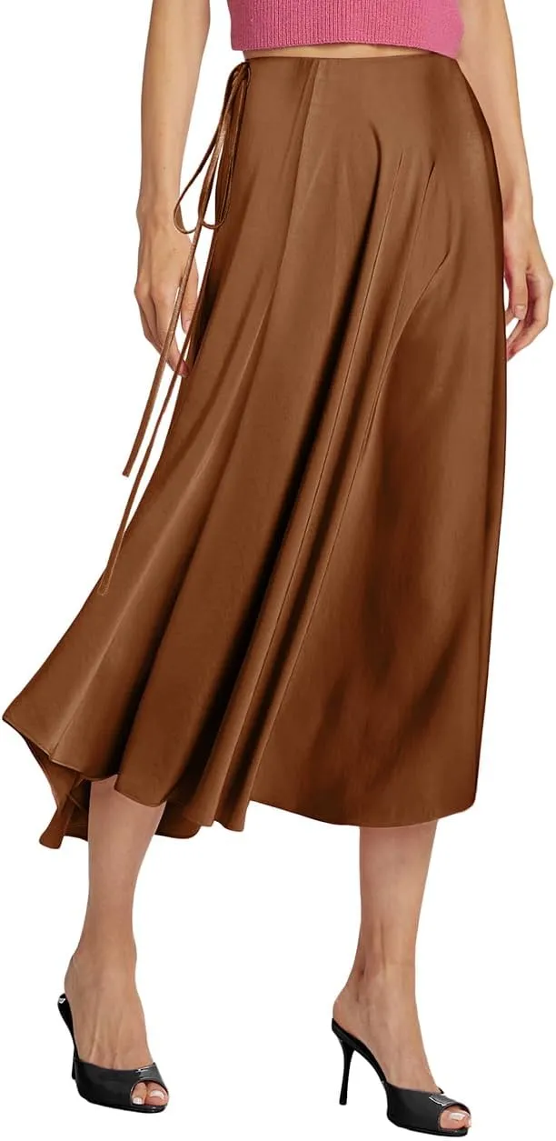 SEBOWEL Women Satin Maxi Long Skirt Silk Side Tie A Line Swing Midi Skirt Silky Flowy Ruffle Pleated Cocktail Party Skirts