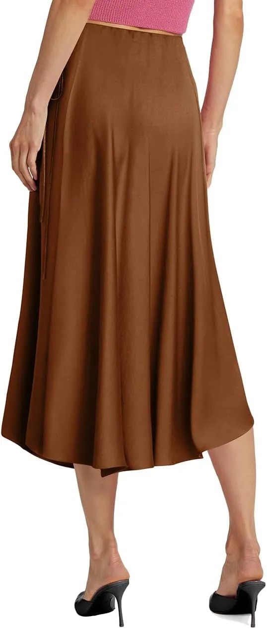 SEBOWEL Women Satin Maxi Long Skirt Silk Side Tie A Line Swing Midi Skirt Silky Flowy Ruffle Pleated Cocktail Party Skirts