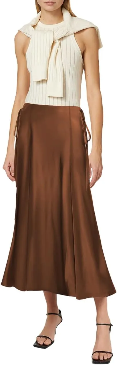 SEBOWEL Women Satin Maxi Long Skirt Silk Side Tie A Line Swing Midi Skirt Silky Flowy Ruffle Pleated Cocktail Party Skirts