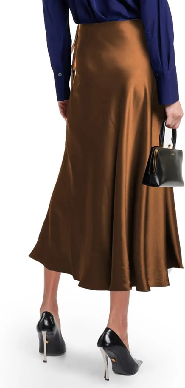 SEBOWEL Women Satin Maxi Long Skirt Silk Side Tie A Line Swing Midi Skirt Silky Flowy Ruffle Pleated Cocktail Party Skirts
