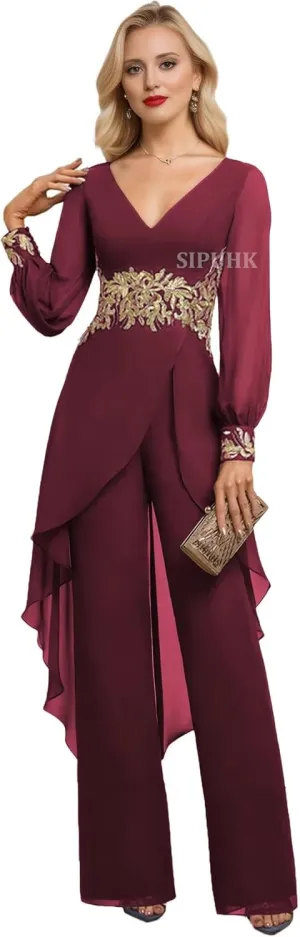 SIPUHK Wine Red Mother of The Bride Pant Suits for Wedding Flowy Chiffon Applique 2 PCs Evening Dresses for Women Elegant Classy US12