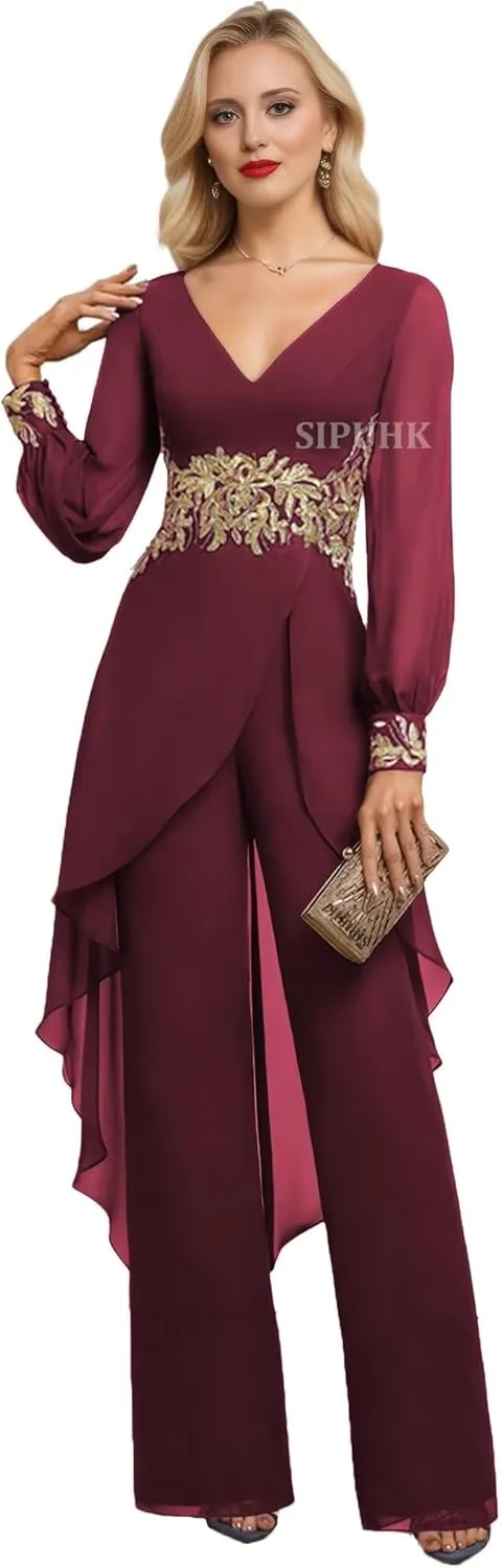 SIPUHK Wine Red Mother of The Bride Pant Suits for Wedding Flowy Chiffon Applique 2 PCs Evening Dresses for Women Elegant Classy US12