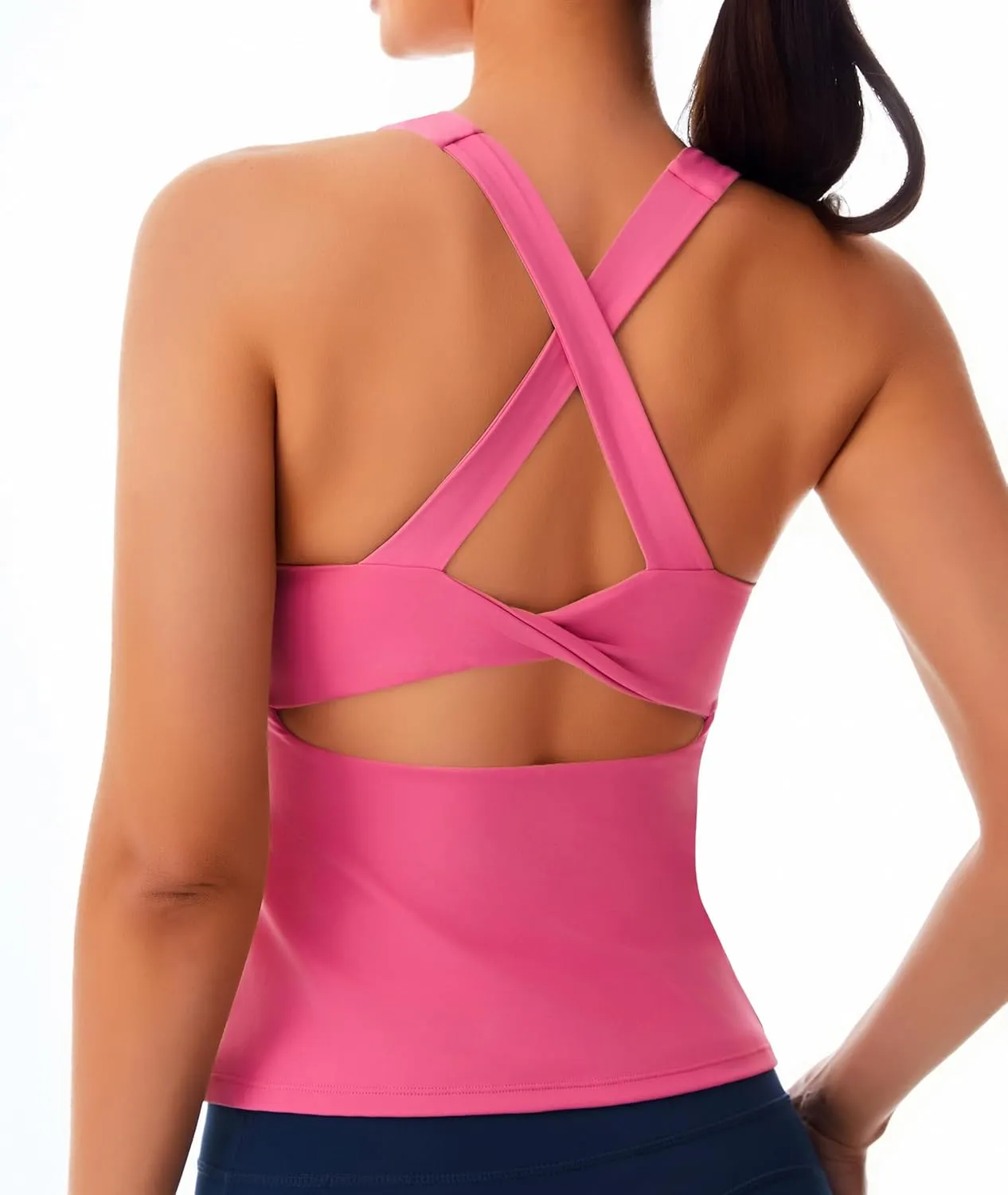 Smooth Workout Tank Top with Built-in Bra Cross Back Athletic Yoga Tops Stretchy Sports Camisole for Gym Pilates