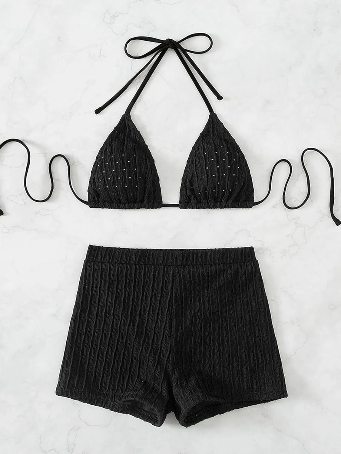 SOLY HUX Women's 2 Piece Swimsuits Halter Triangle Top with Shorts Bikini Set Bathing Suits
