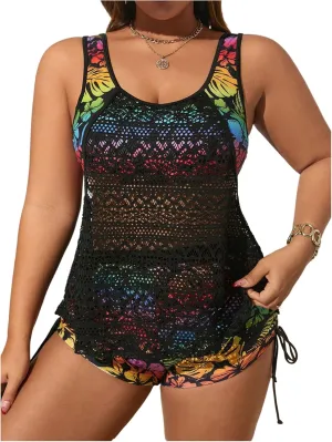 SOLY HUX Women's Plus Size Tankini Swimsuits Floral Print Two Piece Bathing Suit Lace Tankini Tops and Shorts Set