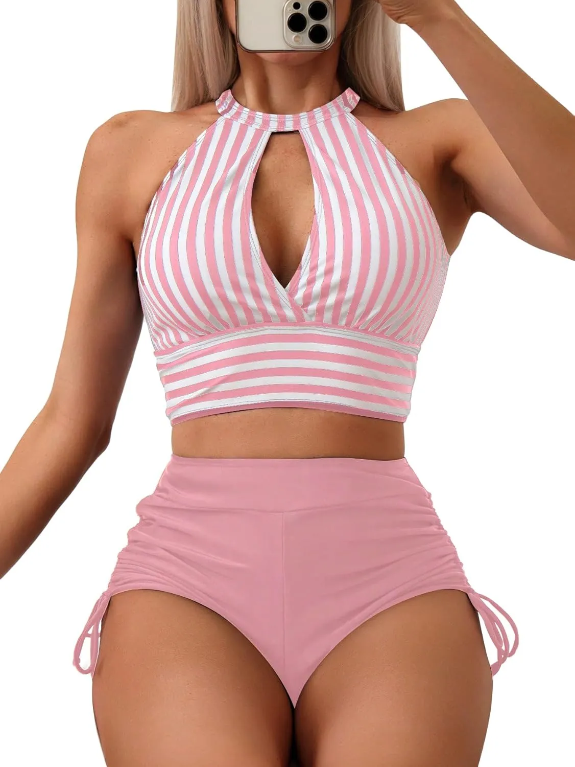 SOLY HUX Women's Tankini Set Striped Cut Out Tops and Drawstring Side Shorts Bikini Bathing Suits 2 Piece Swimsuit