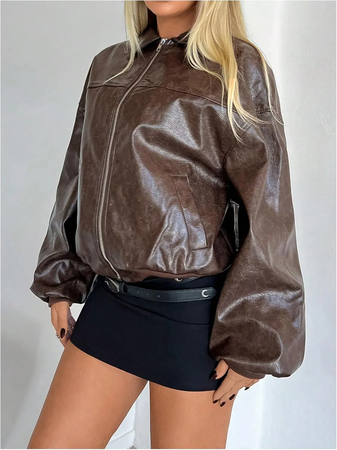 SOLY HUX Women's Zip Up PU Leather Jacket Drop Shoulder Long Sleeve Vintage Motorcycle Coat Fall Clothes