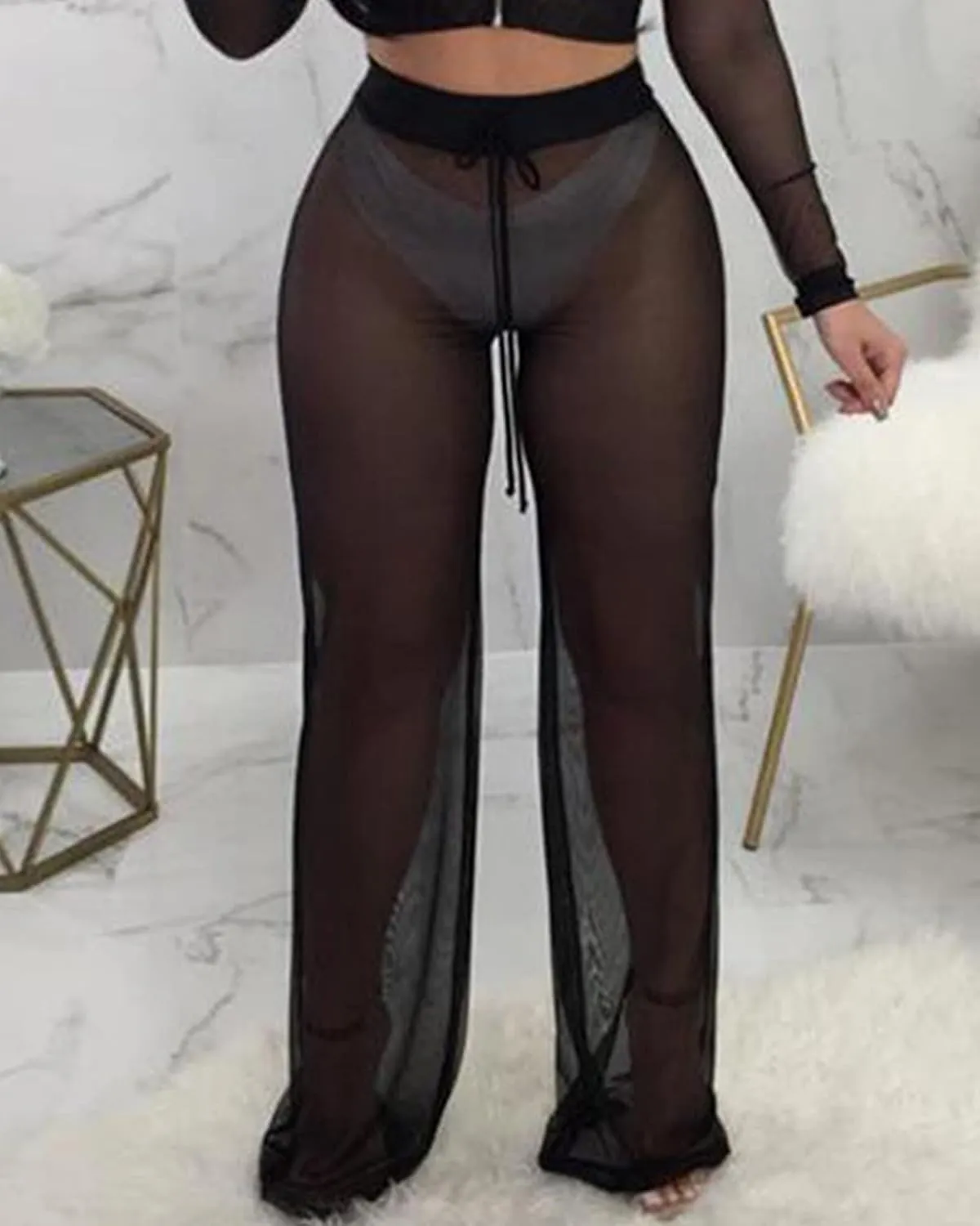 Springcmy Women Ruffle Sheer Mesh Pants See Through Bikini Bottom Swimsuit Cover up Wide Leg Beach Pants