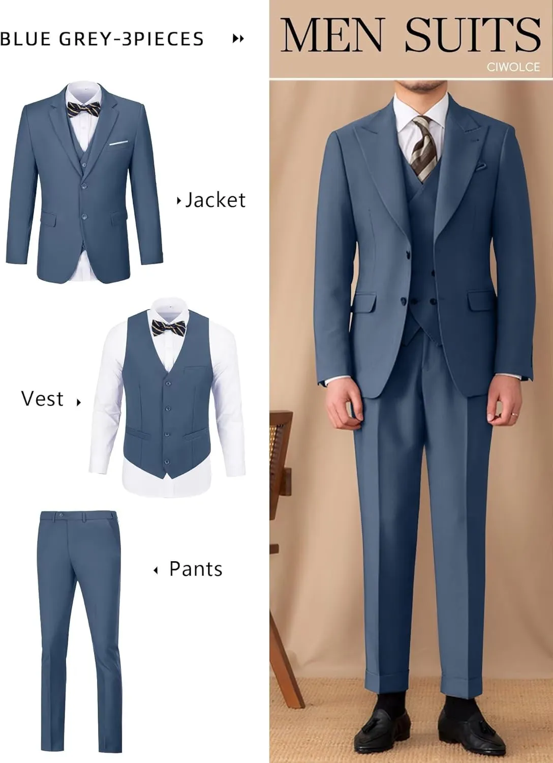 Suit for Men Wedding Slim Fit 3 Piece Set Blazer Jacket Vest Pants Tuxedo Suits for Groomsmen Business Prom Party Sport Coat