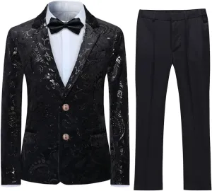 SWOTGdoby Boys Suit Formal Tuexdo Golden Jacquard Slim Fit 2 Pieces Suit Set Jacket Pants for Wedding Prom Party
