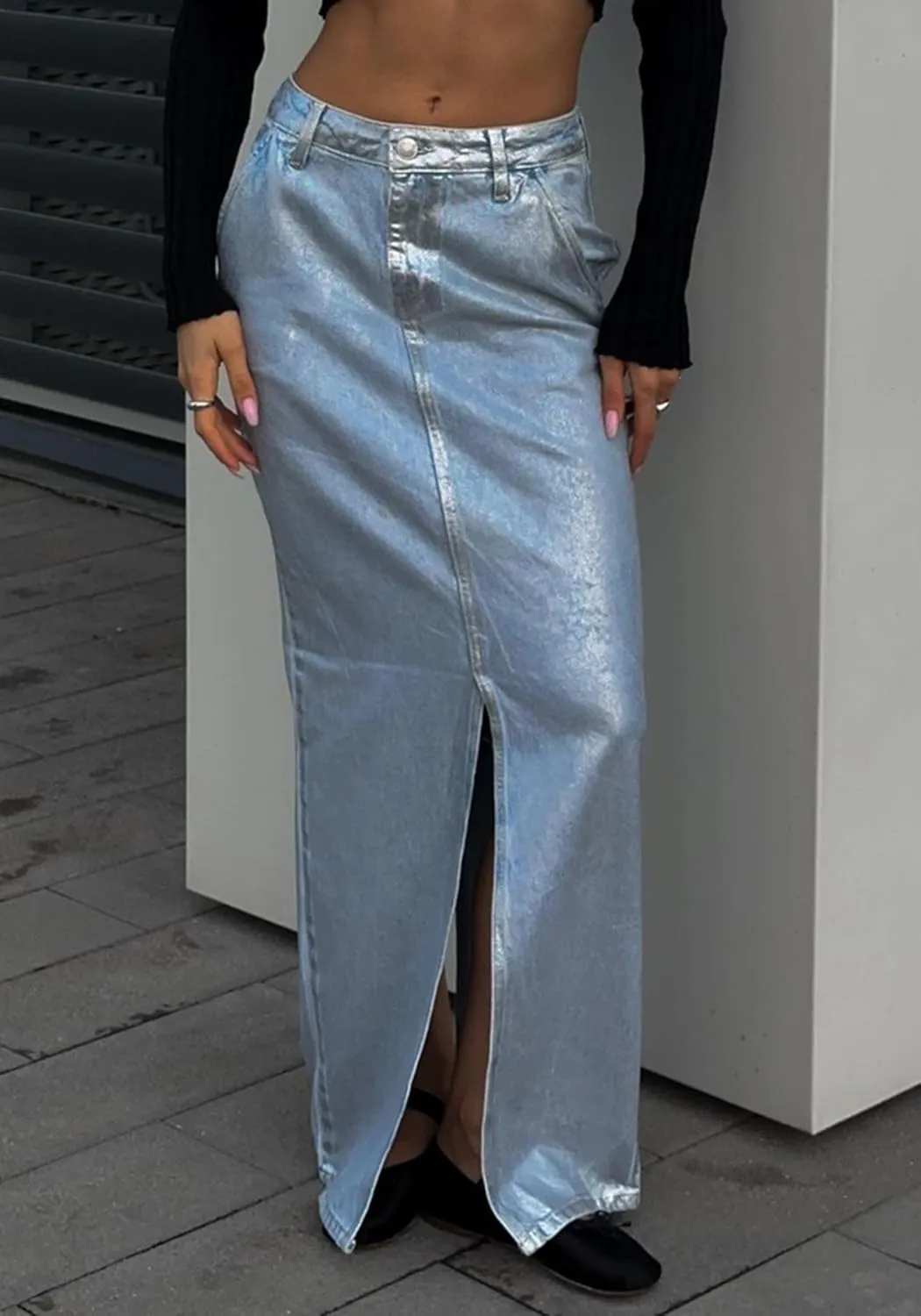 Tbahhir Women Maxi Denim Skirt Metallic A Line High Waisted Skirts Slit with Pockets Blue