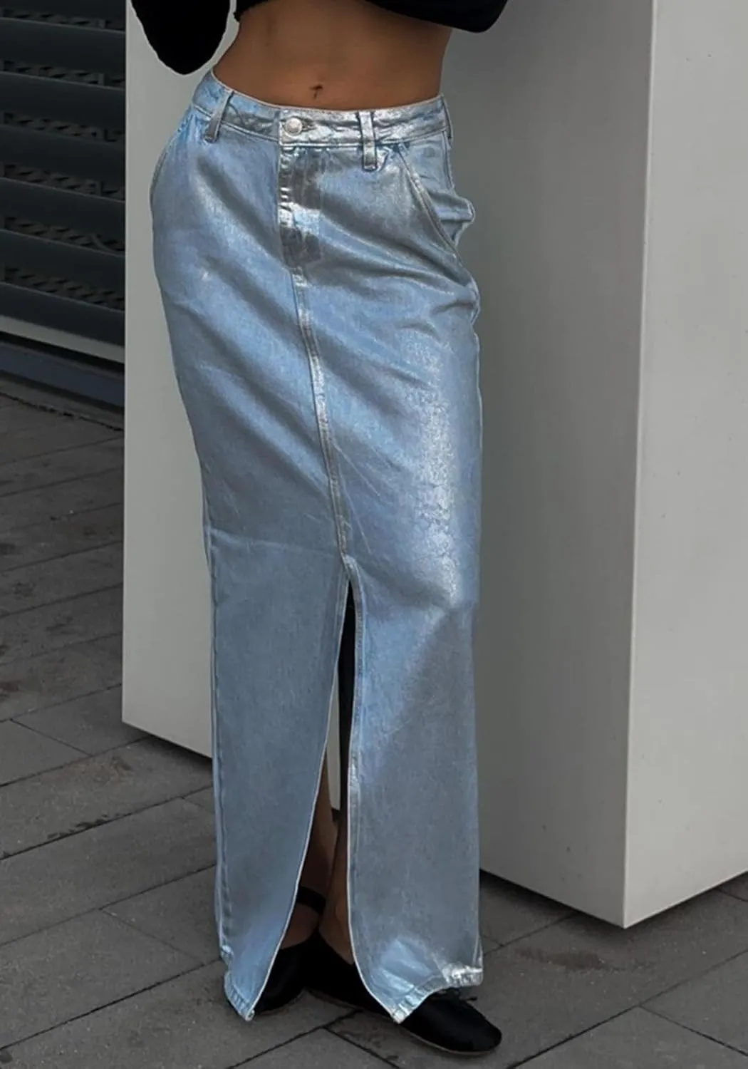 Tbahhir Women Maxi Denim Skirt Metallic A Line High Waisted Skirts Slit with Pockets Blue