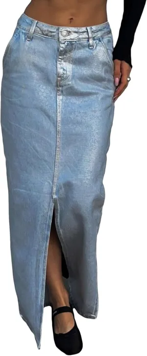 Tbahhir Women Maxi Denim Skirt Metallic A Line High Waisted Skirts Slit with Pockets Blue