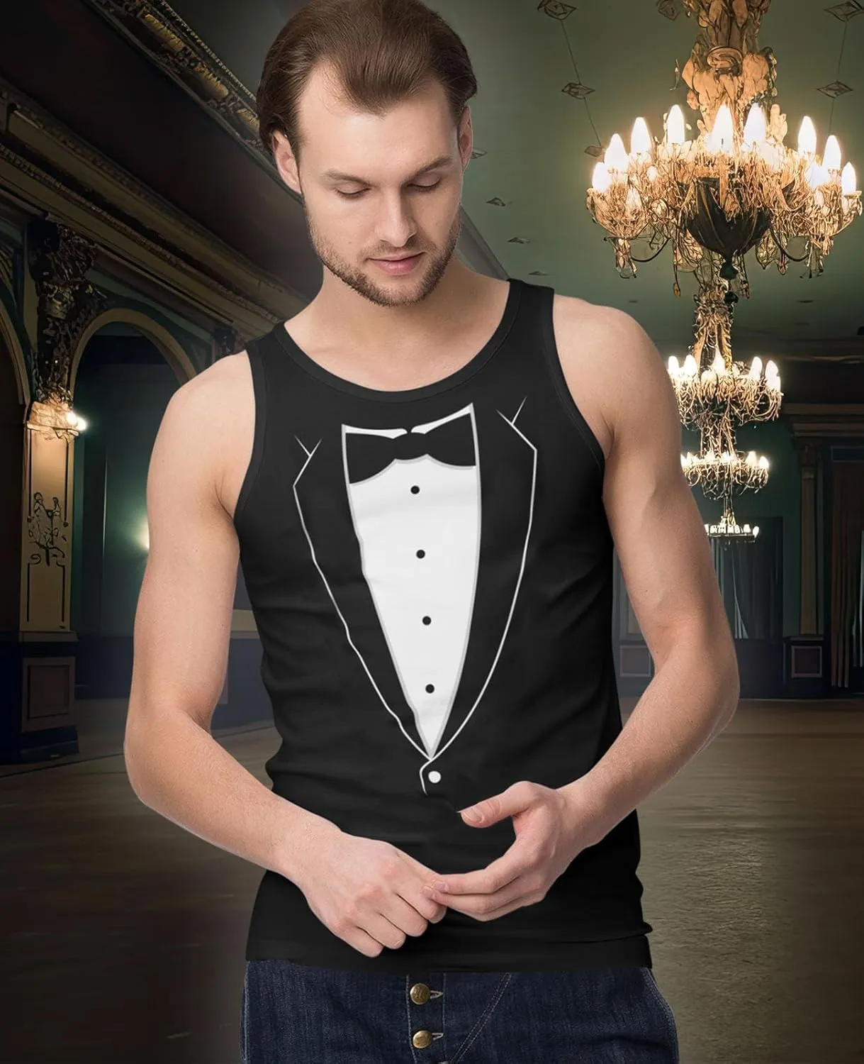 Tstars Printed Tuxedo Funny Tank Tops for Men Suit with Bow Tie Wedding Bachelor Party Halloween Costume Mens Tux Top