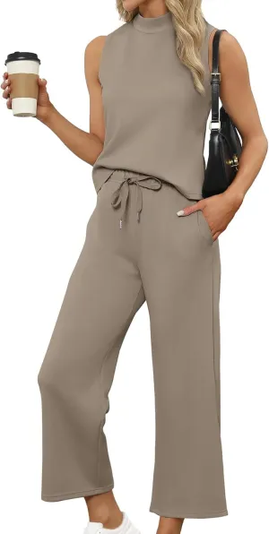 Two Piece Sets for Women Summer Outfits Lounge Sets Mock Neck Tops Wide Leg Crop Pants Vacation Travel Outfits