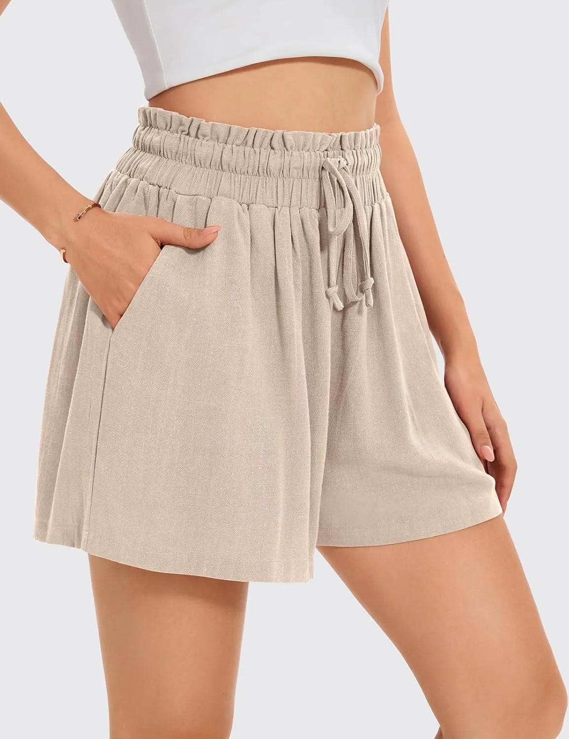 UEU Womens Linen Pants Summer Wide Leg Casual Loose High Waist Drawstring Palazzo Capri with Pockets- 25" / 20" / 3" Inseam