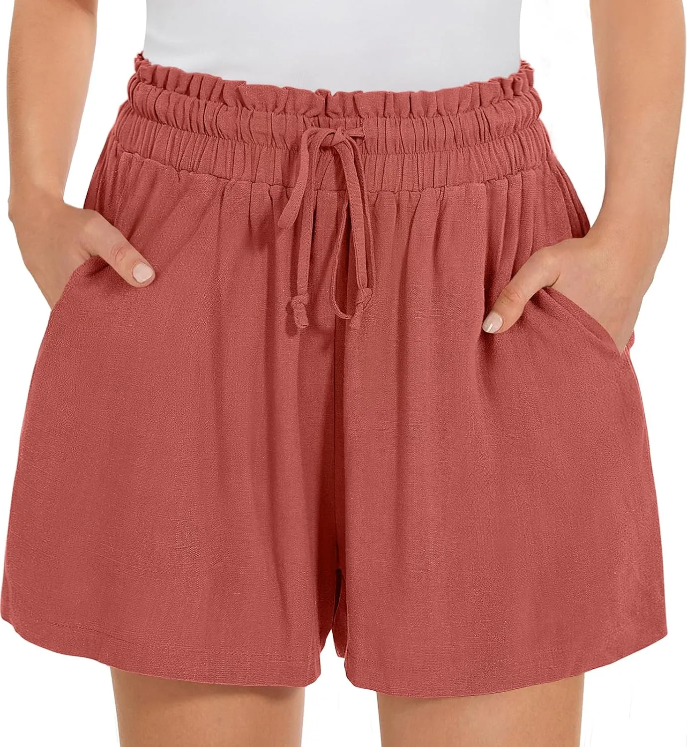 UEU Womens Linen Pants Summer Wide Leg Casual Loose High Waist Drawstring Palazzo Capri with Pockets- 25" / 20" / 3" Inseam