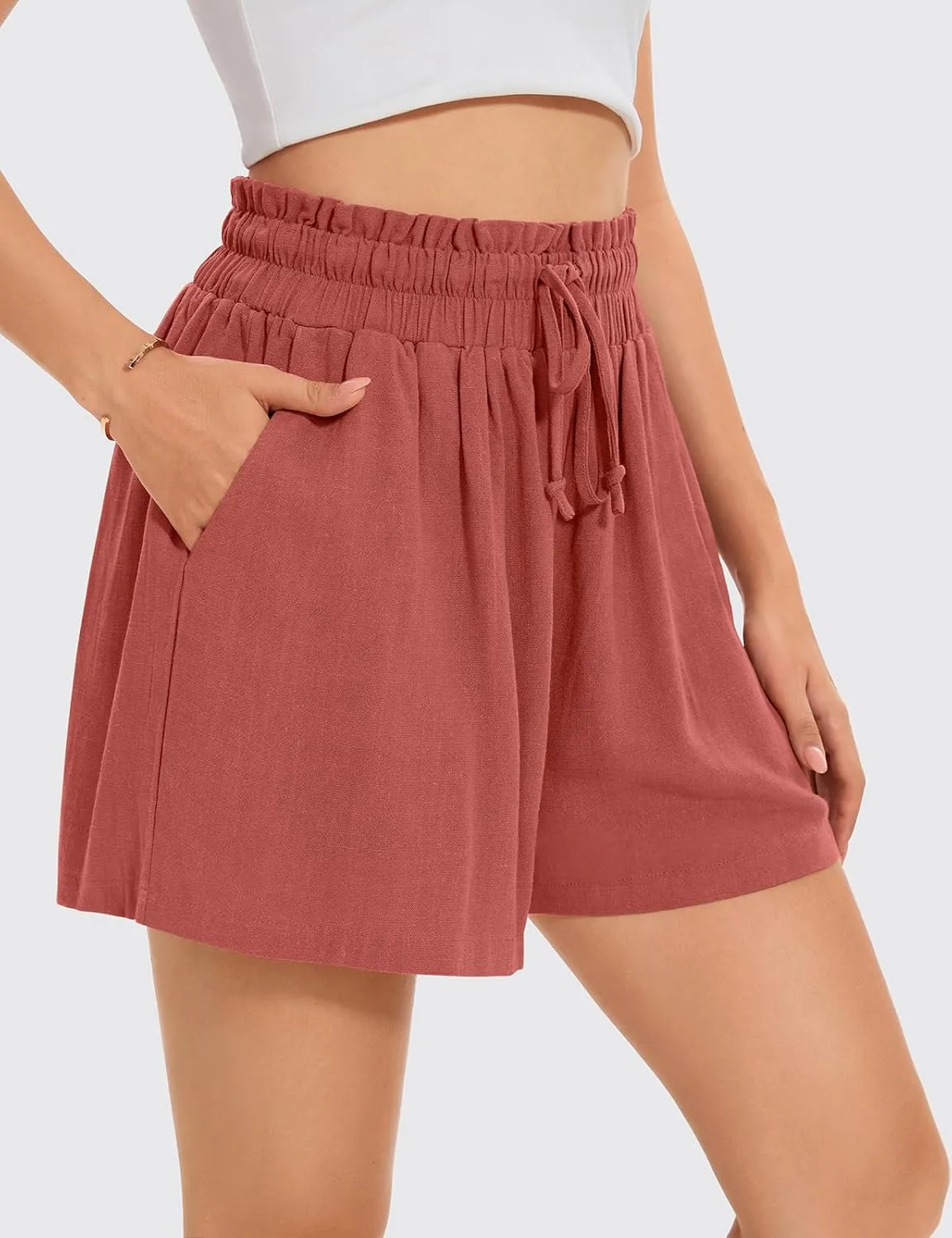 UEU Womens Linen Pants Summer Wide Leg Casual Loose High Waist Drawstring Palazzo Capri with Pockets- 25" / 20" / 3" Inseam
