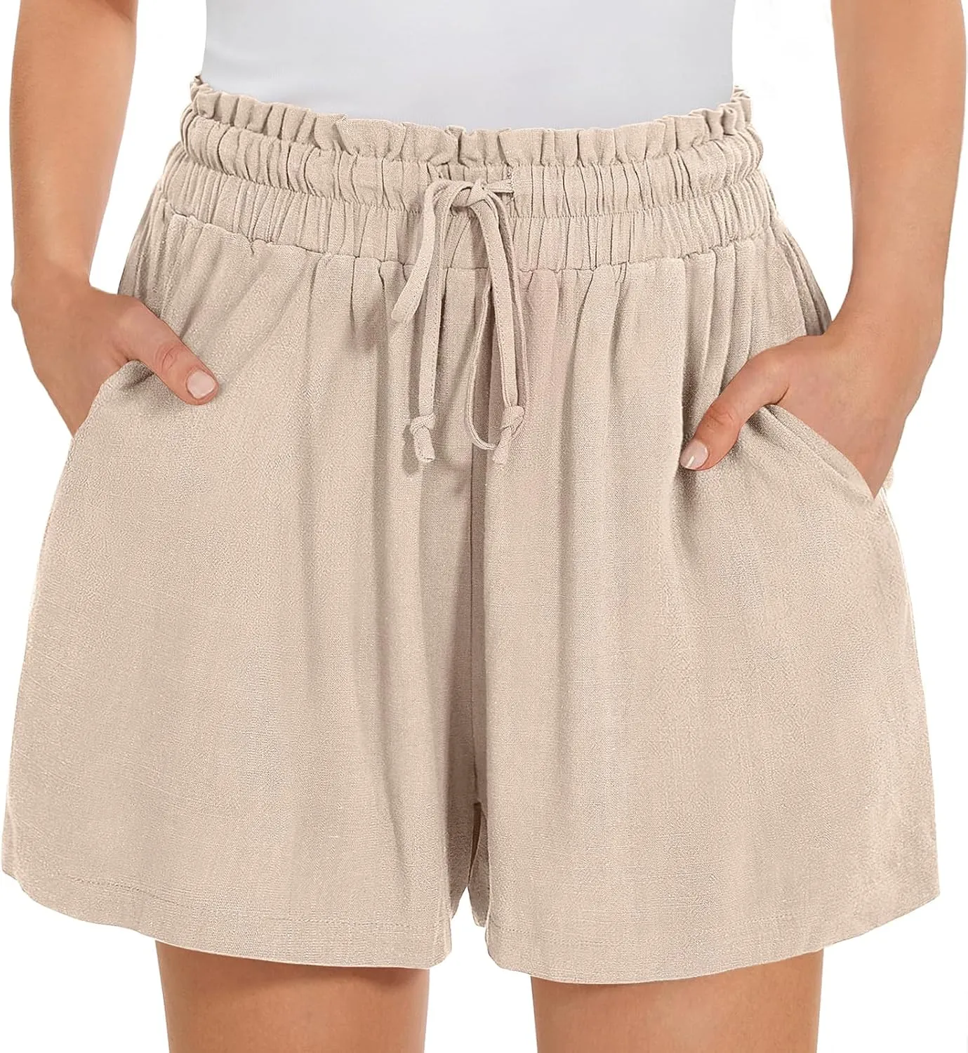 UEU Womens Linen Pants Summer Wide Leg Casual Loose High Waist Drawstring Palazzo Capri with Pockets- 25" / 20" / 3" Inseam