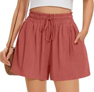 UEU Womens Linen Pants Summer Wide Leg Casual Loose High Waist Drawstring Palazzo Capri with Pockets- 25" / 20" / 3" Inseam
