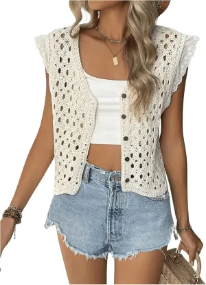Verdusa Women's Crochet Knitted Sweater Vest Casual Button Up Hollow Out Vest Top