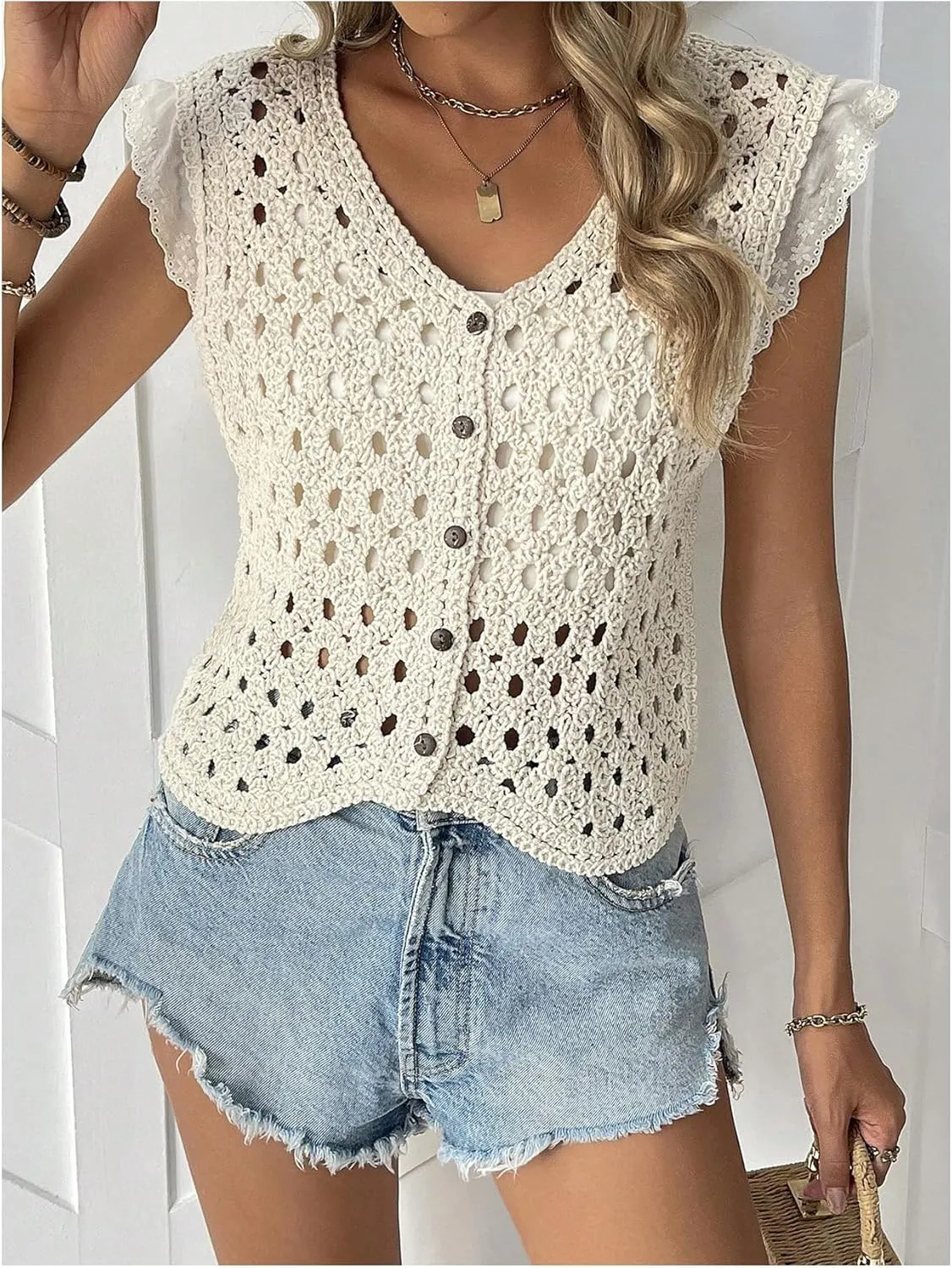 Verdusa Women's Crochet Knitted Sweater Vest Casual Button Up Hollow Out Vest Top