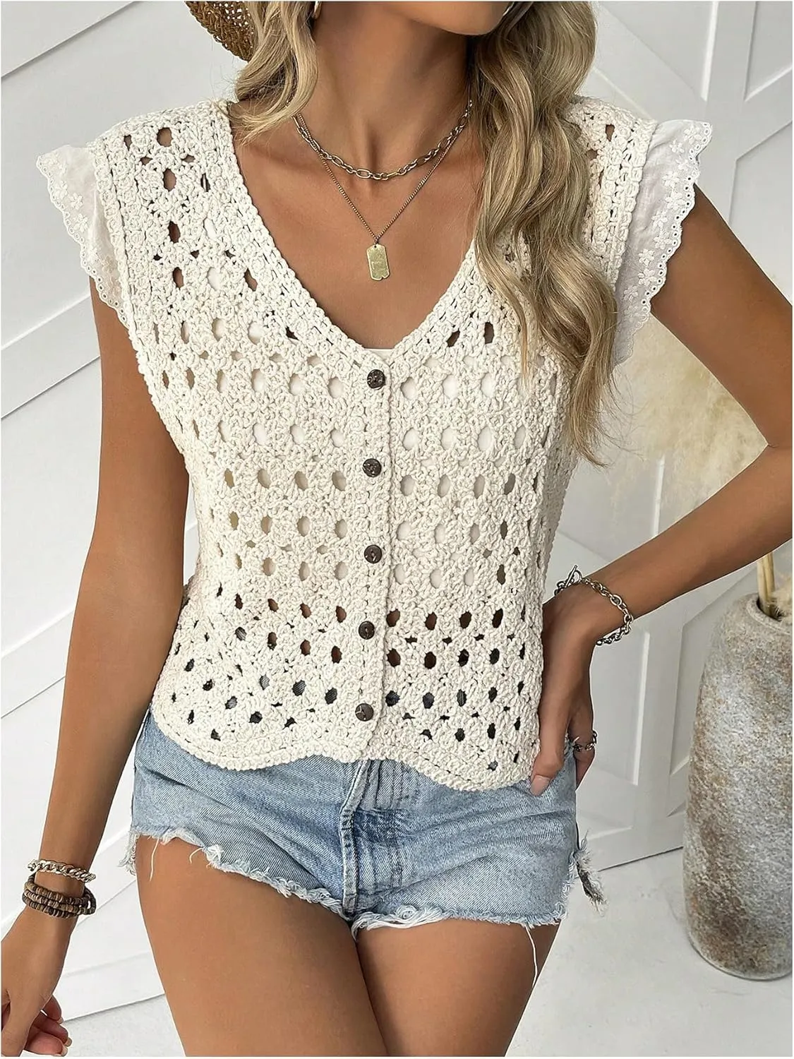 Verdusa Women's Crochet Knitted Sweater Vest Casual Button Up Hollow Out Vest Top