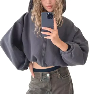 Viatabuna Cropped Zip Up Hoodies for Women Oversized Long Sleeve Casual Loose Short Sweatshirt 90s Hooded Crop Jacket Top