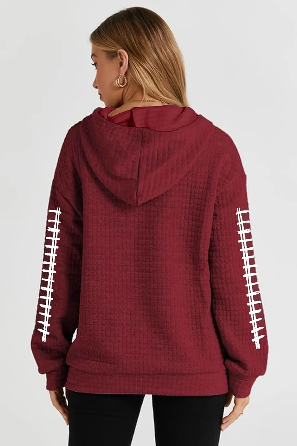 VILOVE Game Day Hooded Sweatshirt Women Funny Football Graphic Shirt Waffle Knit Game Day Pullover Hoodies Long Sleeve