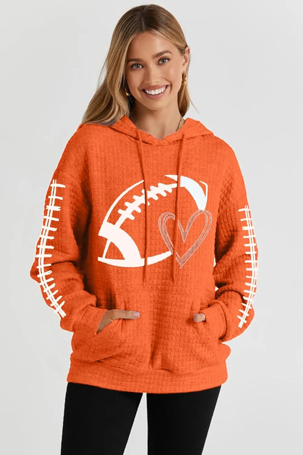 VILOVE Game Day Hooded Sweatshirt Women Funny Football Graphic Shirt Waffle Knit Game Day Pullover Hoodies Long Sleeve