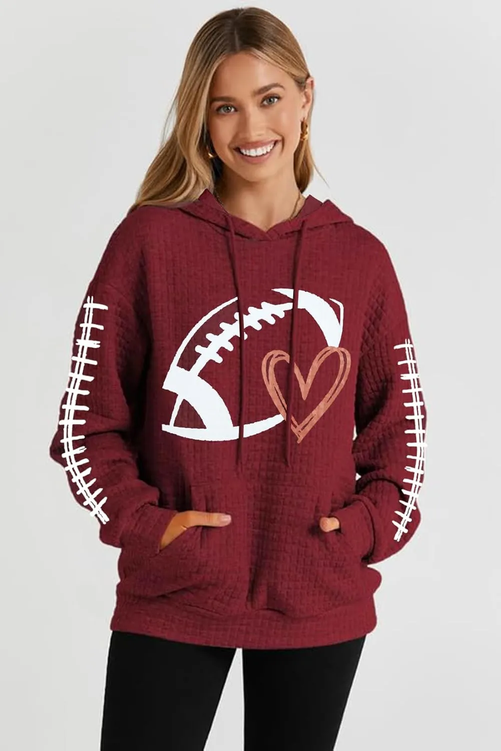 VILOVE Game Day Hooded Sweatshirt Women Funny Football Graphic Shirt Waffle Knit Game Day Pullover Hoodies Long Sleeve