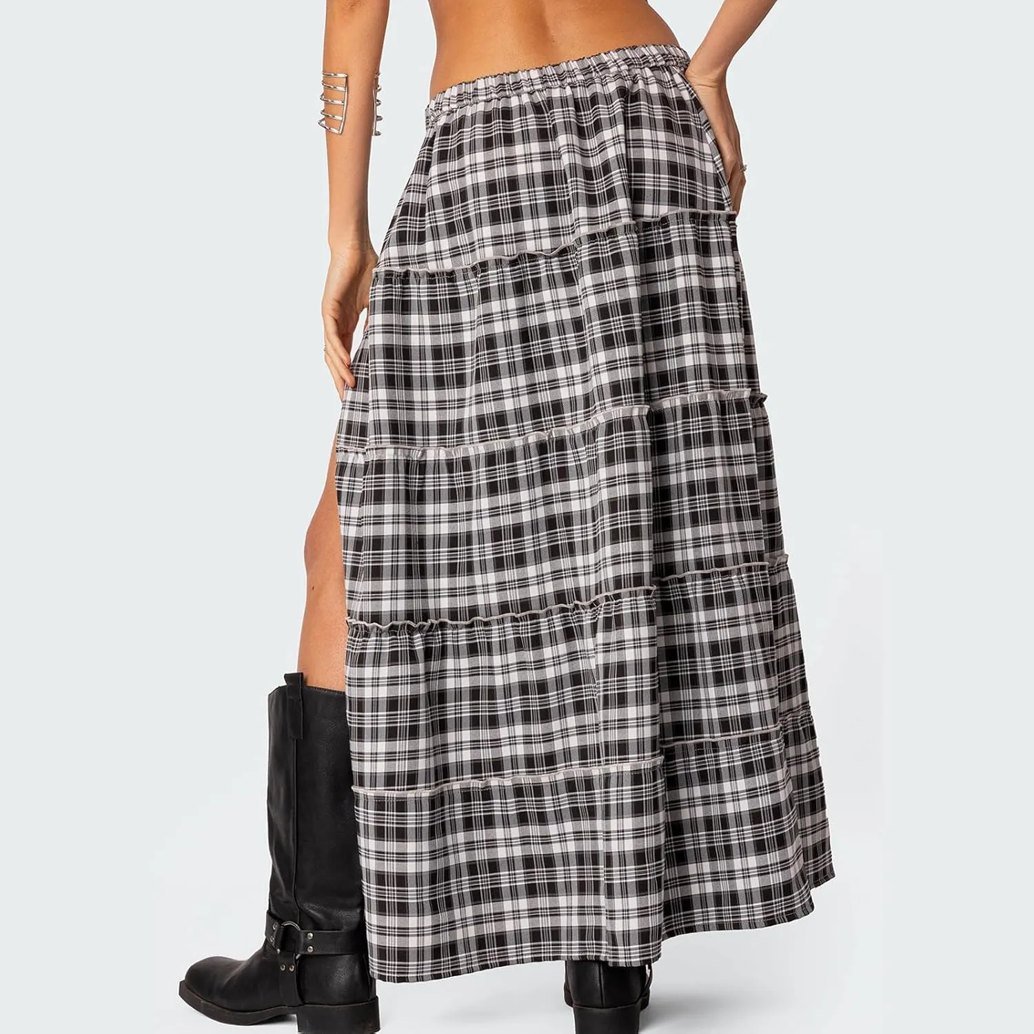 Vintage Plaid Maxi Skirts for Women Y2K Elastic Waist Side Slit Tiered Skirt Summer Flowy Gingham A Line Long Skirt