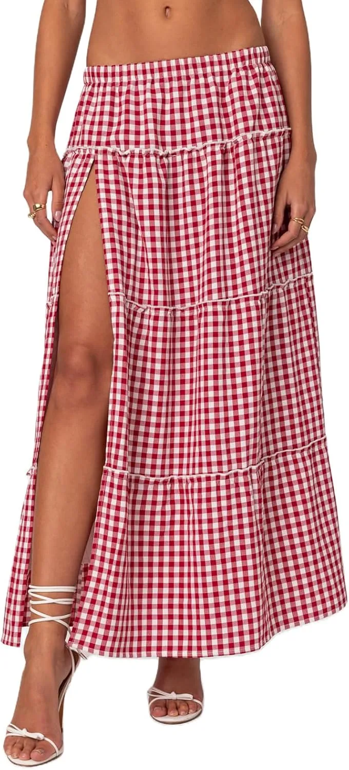 Vintage Plaid Maxi Skirts for Women Y2K Elastic Waist Side Slit Tiered Skirt Summer Flowy Gingham A Line Long Skirt