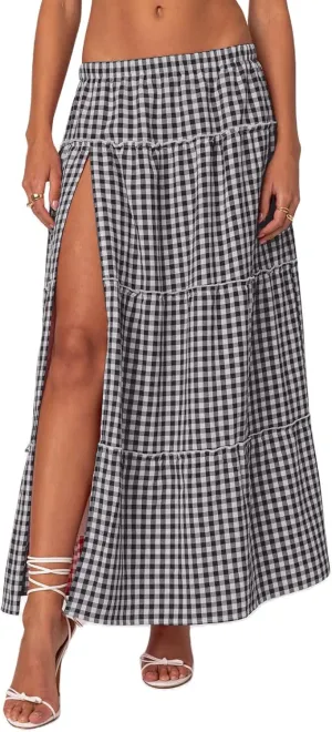 Vintage Plaid Maxi Skirts for Women Y2K Elastic Waist Side Slit Tiered Skirt Summer Flowy Gingham A Line Long Skirt