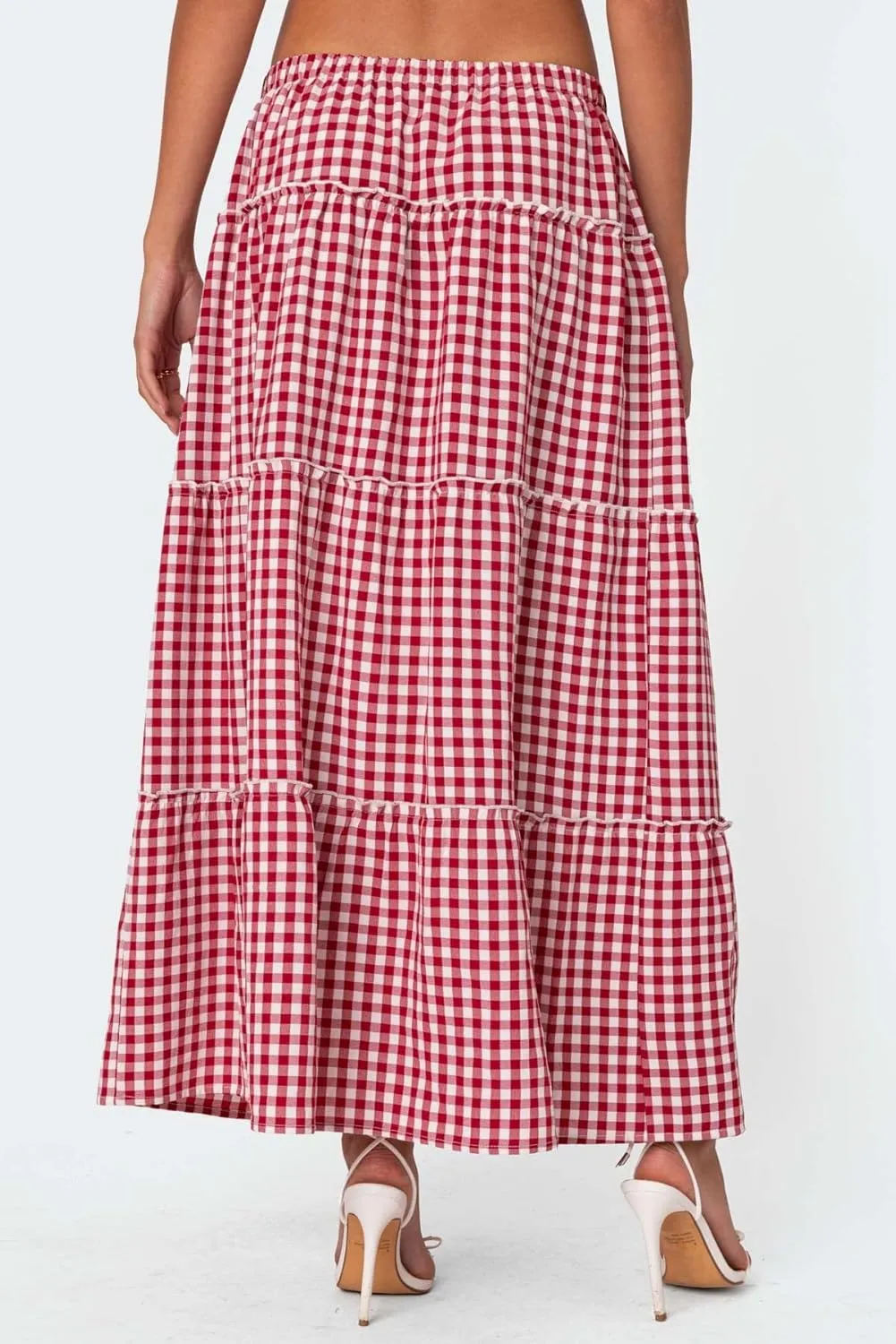 Vintage Plaid Maxi Skirts for Women Y2K Elastic Waist Side Slit Tiered Skirt Summer Flowy Gingham A Line Long Skirt