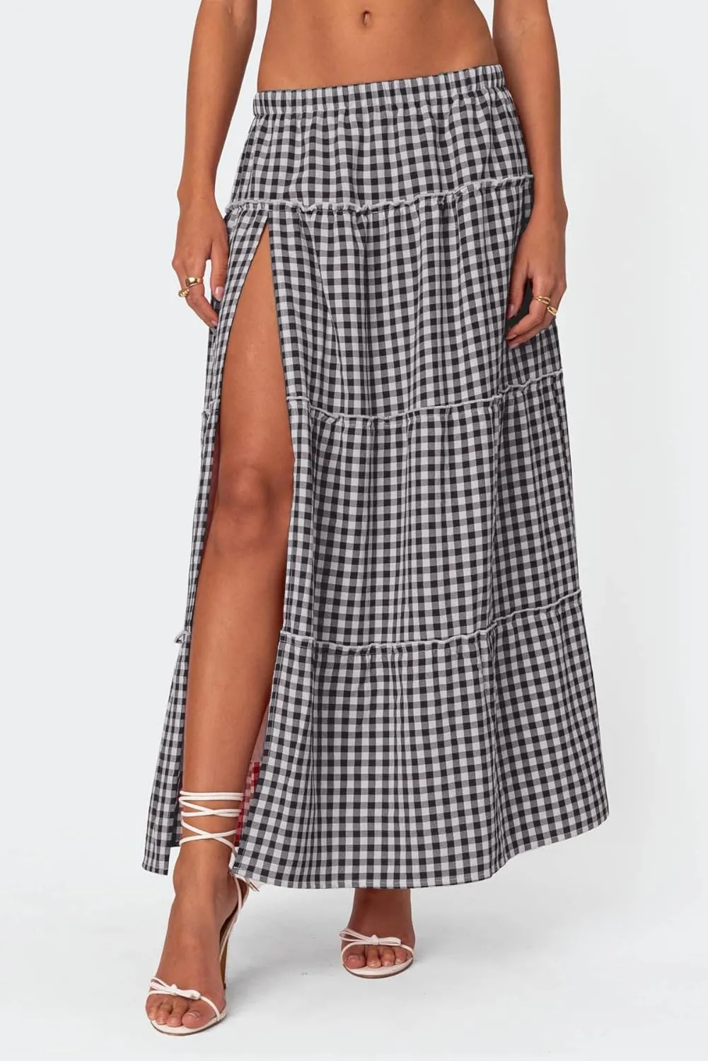 Vintage Plaid Maxi Skirts for Women Y2K Elastic Waist Side Slit Tiered Skirt Summer Flowy Gingham A Line Long Skirt